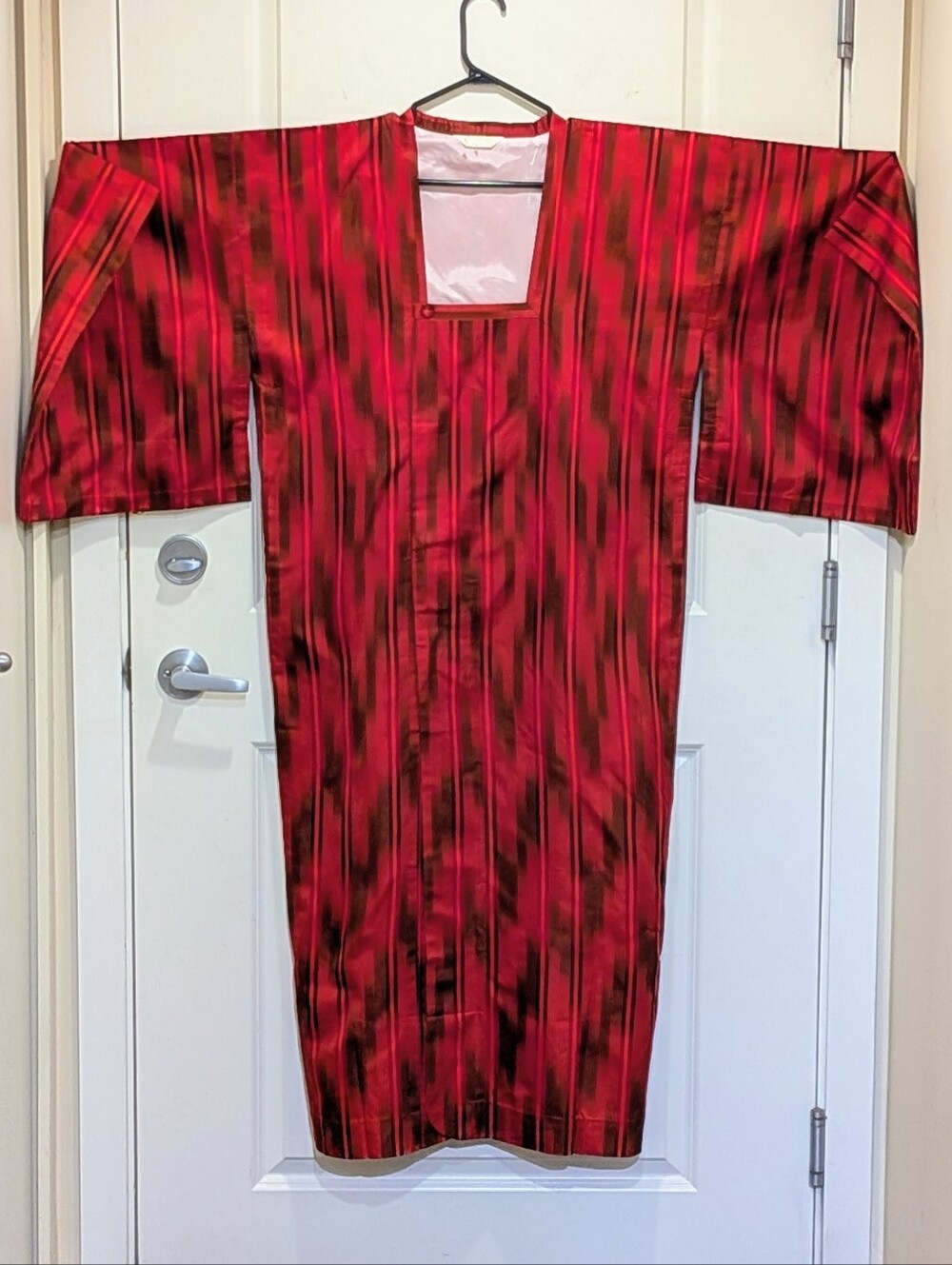EUC Budo Vintage Red and Black Kasuri Pattern Michiyuki Kimono Overcoat